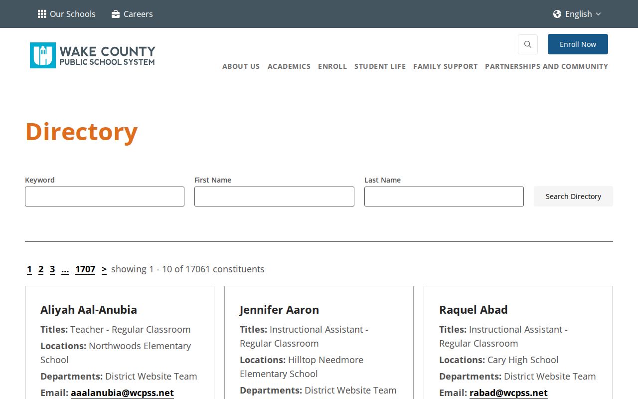 Wake County people directories WCPSS personnel search
